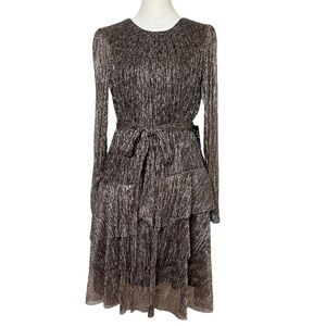 EXPRESS Metallic Long Sleeve Tie Waist Tiered Ruffle Mini Dress NWT